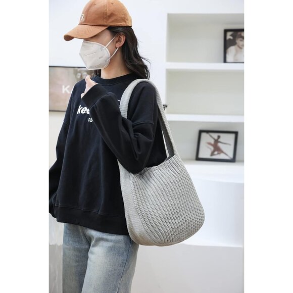 Women's Grey Shoulder Handbags Crocheted Bags Large Knit Bag Tote Bag - Picture 8 of 9